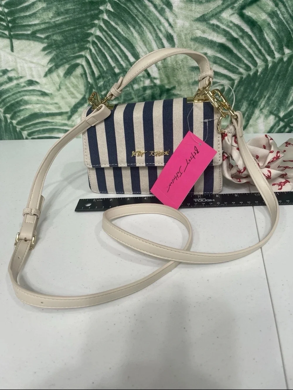 Betsey Johnson Navy & Cream Striped Shoulder Bag with Scarf Accent